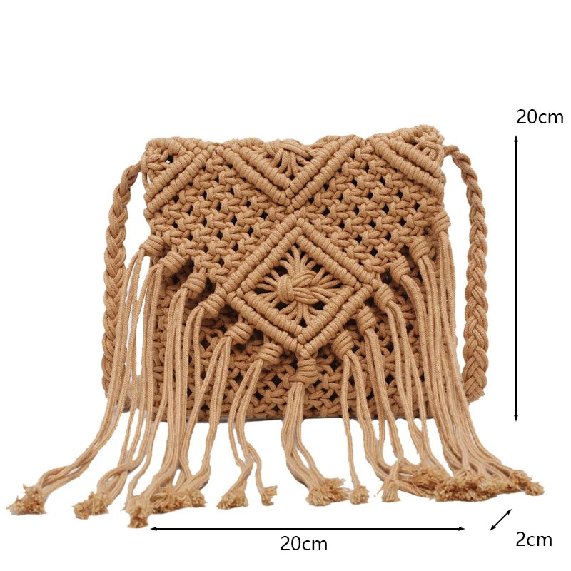 New Casual Handmade Crochet Braid Fringed Bag Women Tassel Knitted Handbag Female Beach Bohemian Shoulder Messenger Bag