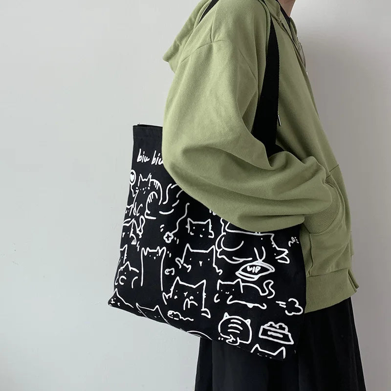 Art Design Cute Animals Printed Handbag Shoulder Bag, Literary Retro Canvas Tote Bags for Women Daily Use Work, Shopping School