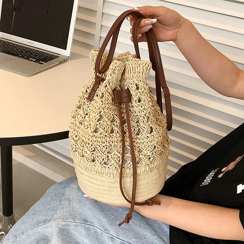 Handmade Women's Summer Straw Beach Shoulder Bag Woven Hollow Drawstring Shoulder Bags Knitted Fashion Female Design Travel Tote