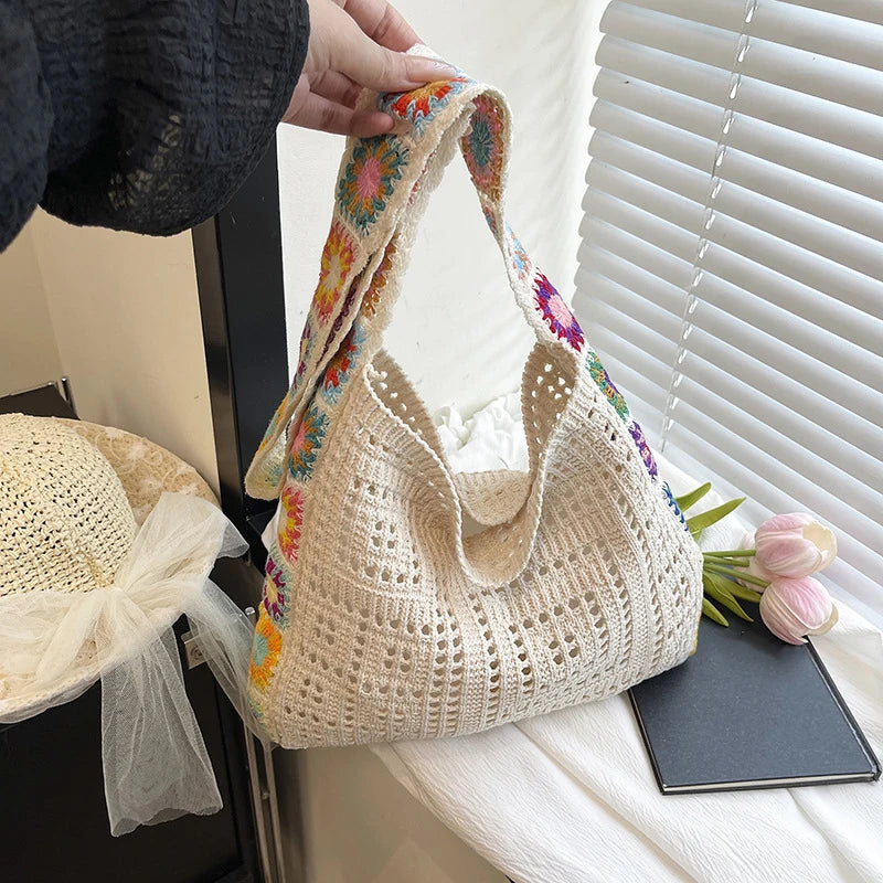 Large Capacity Fashion Boho Tote Bag Trendy Floral Crochet Handmade Knitted Bag Vintage Multicolor Hollow Out Handbag