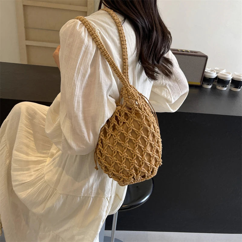 Ladies Summer Bucket Shoulder Bag Phone Purse Handmade Hollow Out Cotton Rope Crochet Bag Small Handbag For Women