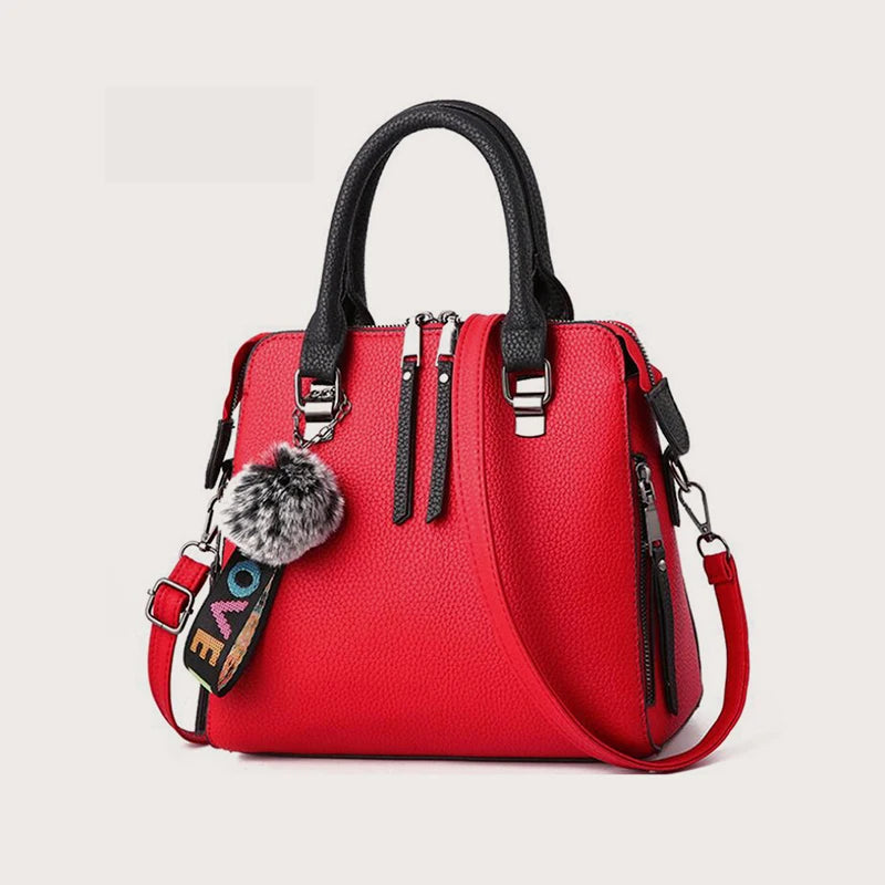 PU Leather Women's Crossbody Bag, Fur Ball Pendant Shoulder Bag, Solid Color Handbag