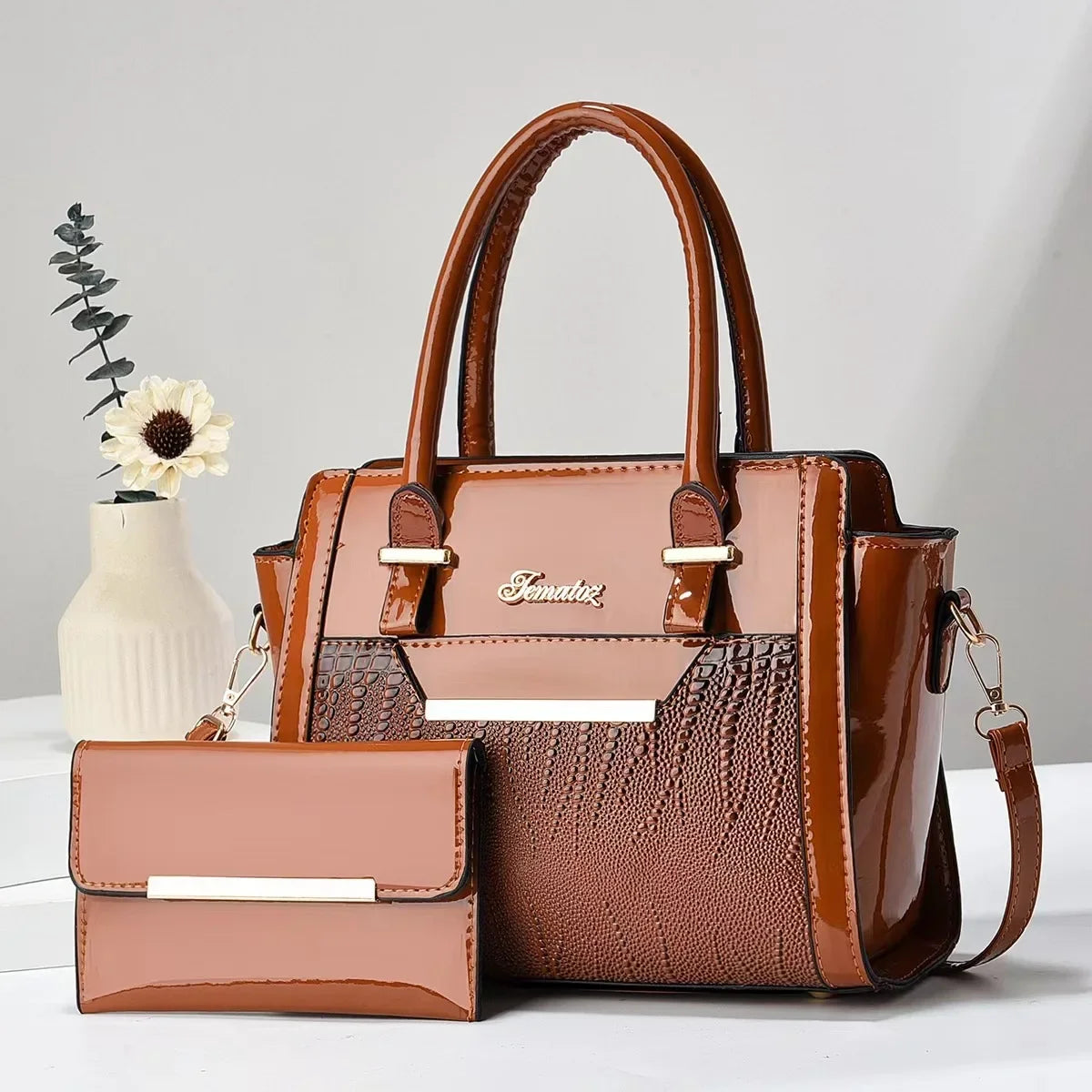 Casual shoulder women's bag simple large-capacity mother and child bag bright leather fashion portable two-piece bag
