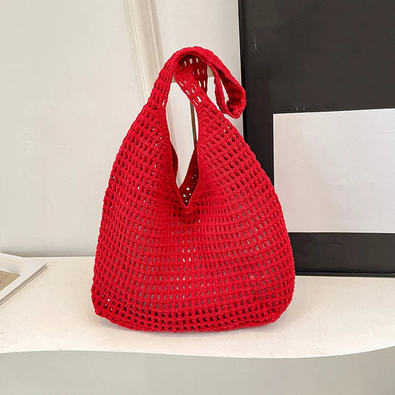 New Sweet Crochet Shoulder Bag Leisure Beach Hollow Out Handbag Women Solid Color Woven Totes Bag For Travel