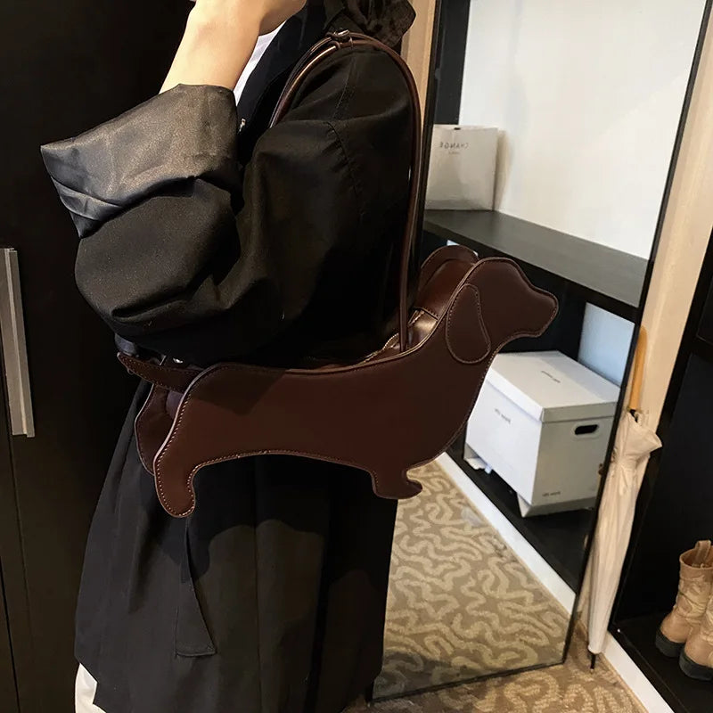 Three-dimensional Dachshund Shoulder Bag PU Leather Retro Handbag Design Underarm Bag For Women Trend Commut Bag
