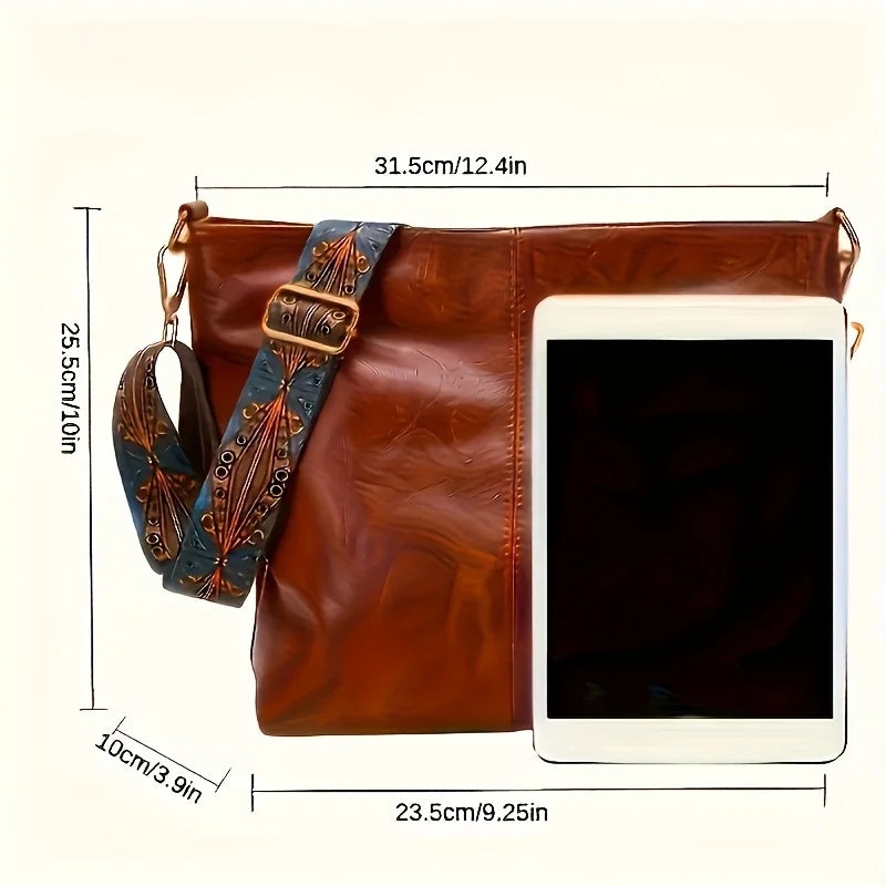 Bohemian Style Women's Shoulder Bag, Vintage Wide Strap, Casual Crossbody Bag for Commuting, Golden Embroidery, Adjustable Strap