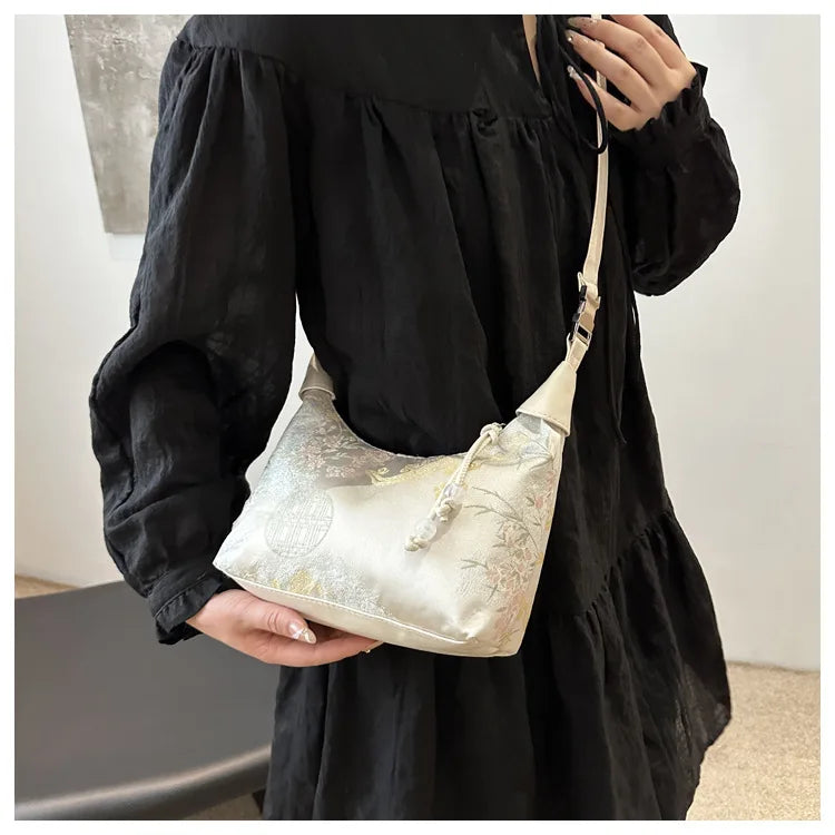 Fashionable Chinese Handbags Fashion Trend Single Shoulder Bag Light Simple Crossbody Bag Random Printed Satin Women's Tote Bag