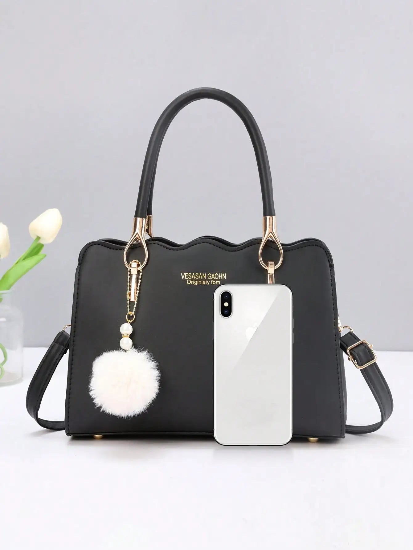 1 women's large capacity handbag, fashionable woolen ball pendant, suitable for work, shopping and other occasions