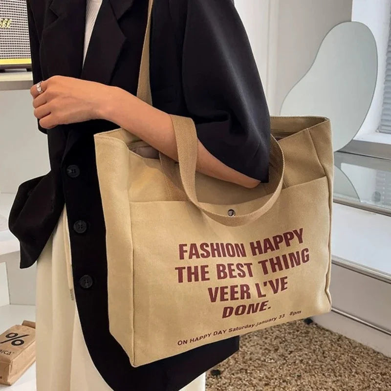 Letter Print Shopping Canvas Bag Large Capacity Casual Lightweight Handbag Women Shoulder Bag, Back To School Campus Schoolbag