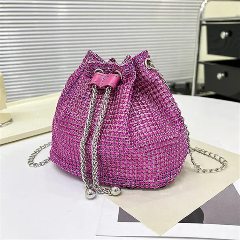 Charming Rhinestone Dinner Bag Sparkling Drawstring Chain Bucket Shoulder Crossbody Bags for Women Daily Christmas Party Banquet