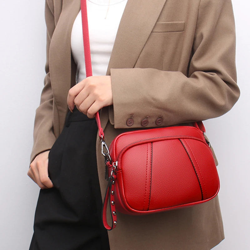 Solid Color Fashionable Rivet Zipper Women's Mobile Phone Bag Simple Soft PU Leather Shoulder Crossbody Small Square Handbag