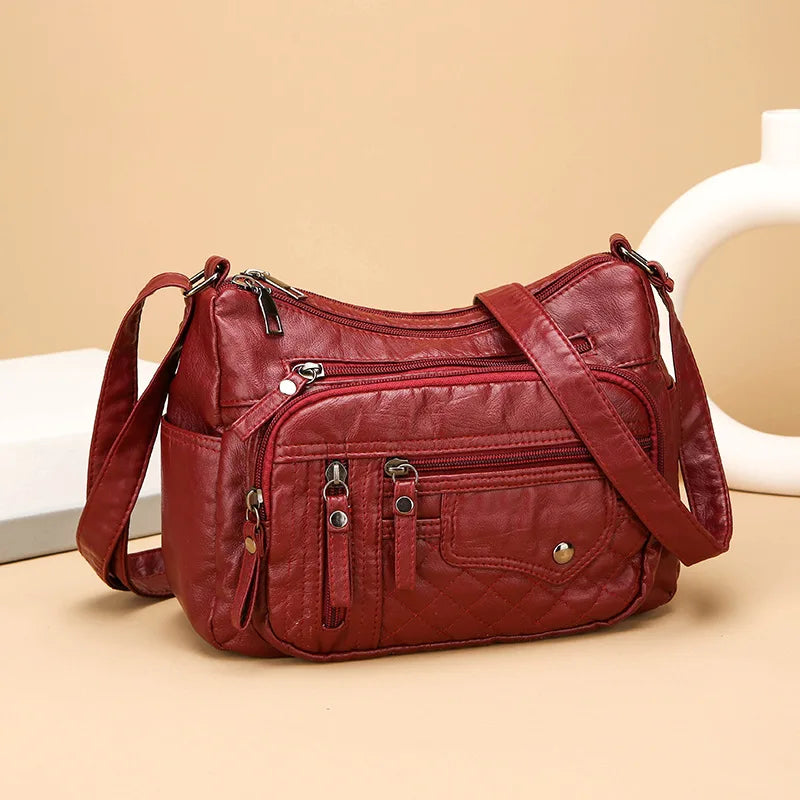 Fashionable Four Seasons Soft Leather Multi Pocket Cross Bags, Multi Layer Zipper Pouch Single Shoulder Bag for Women Daily Use