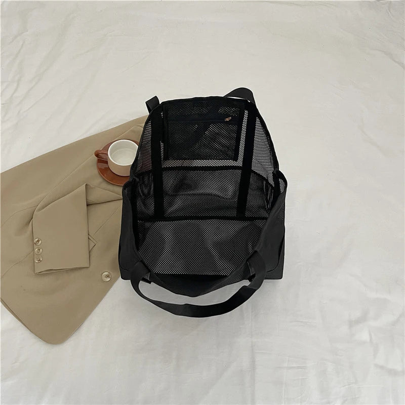 Portable Mesh Beach Bag For Women Makeup Travel Storage Wash Bag Summer Travel Swimming Bath Bag Organizer Shopper Totes