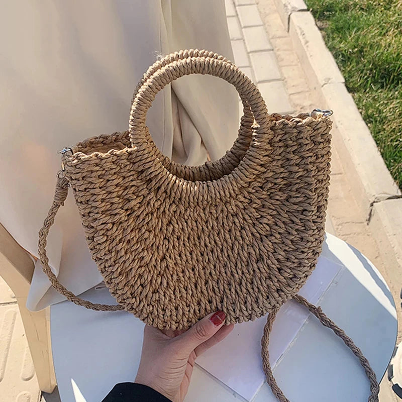 Straw Bag Women Hand-Woven Handbag Moon Shape Lace Bow Rattan Bag Big Capacity Drawstring Casual Beach Shoulder Crossbody Bag