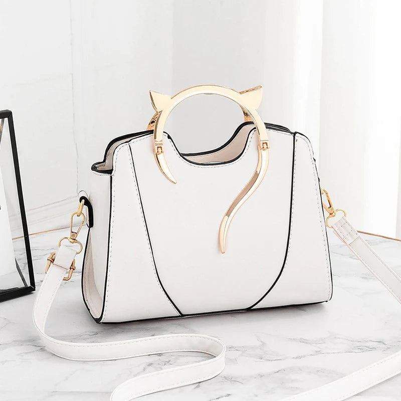 Cat Shaped Handle Women Handbag Trendy And Fashionable, Solid Color, Simple And Casual Crossbody Shoulder Shell Bag