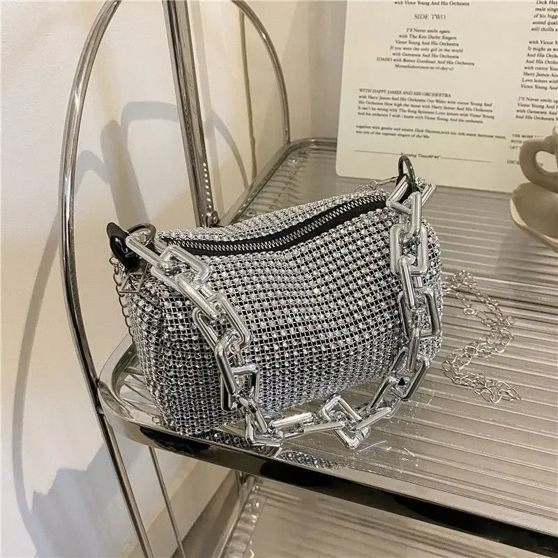 Full Version Rhinestone Bucket Tote Bag, Stylish Sparkling Chain Ball Pillow Shoulder Bag, Women's Mini Hand-Held Crossbody Bag