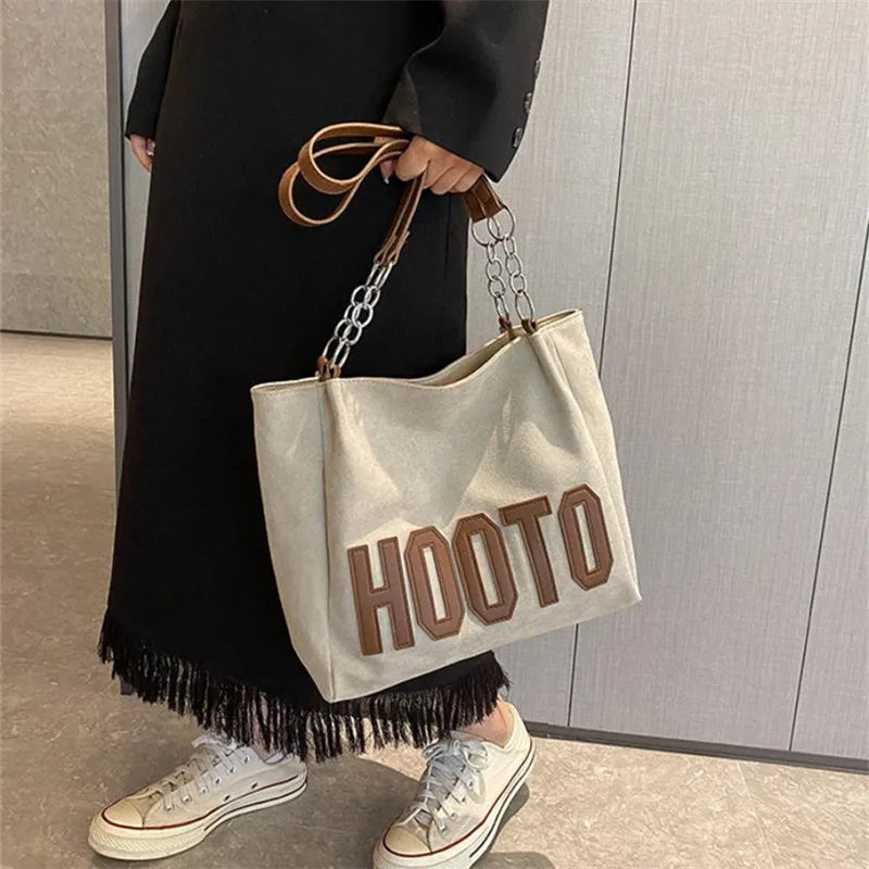 Stylish Tote Bag, Nubuck Pu Letter HOOTO Design for Women Handbag Shoulder Bag, Large Capacity Nylon leisure Travel Shopping Bag