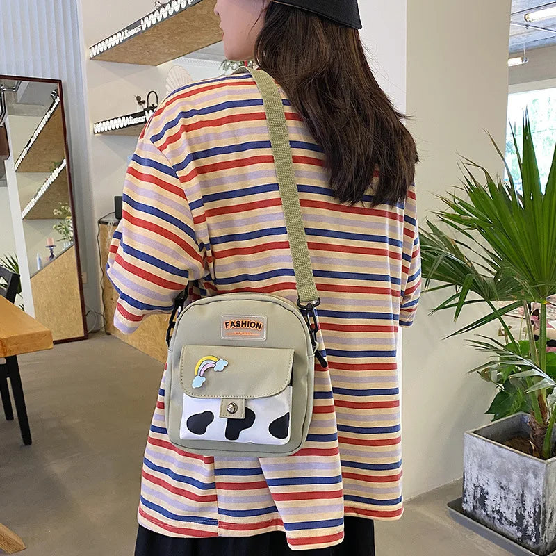 Harajuku Phone Crossbody Bag Nylon Cute Small Bags for Women Cow Pattern Square Small Shoulder Bag Suitable for Women Daily Use
