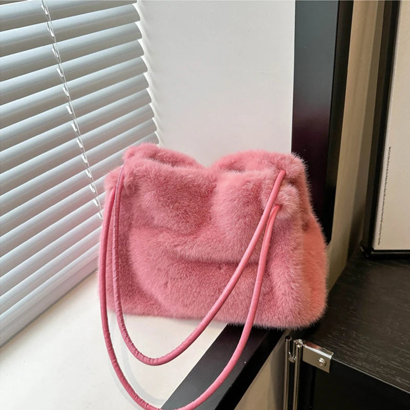Women Fluffy Shoulder Bag Top-handle Bag New Fashion Female Autumn Winter Handbag Soft Plush Versatile Shopping Tote