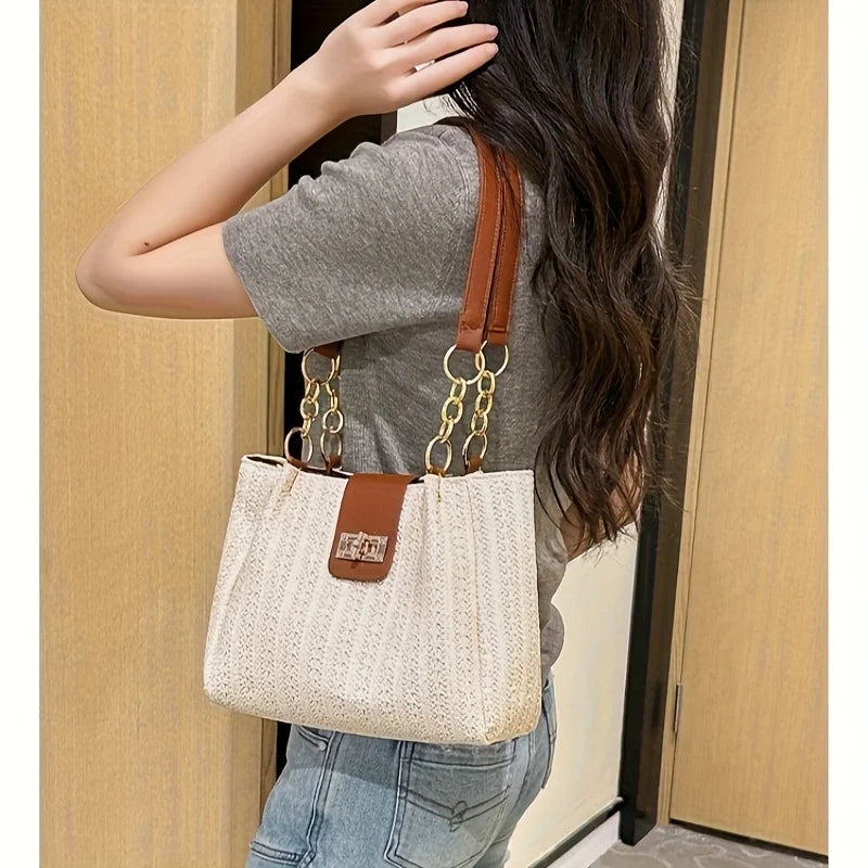 Elegant Women's Woven Fabric Shoulder Bag with Adjustable Chain Strap Front Flap Button Closure Professional Use, Woven Handbag