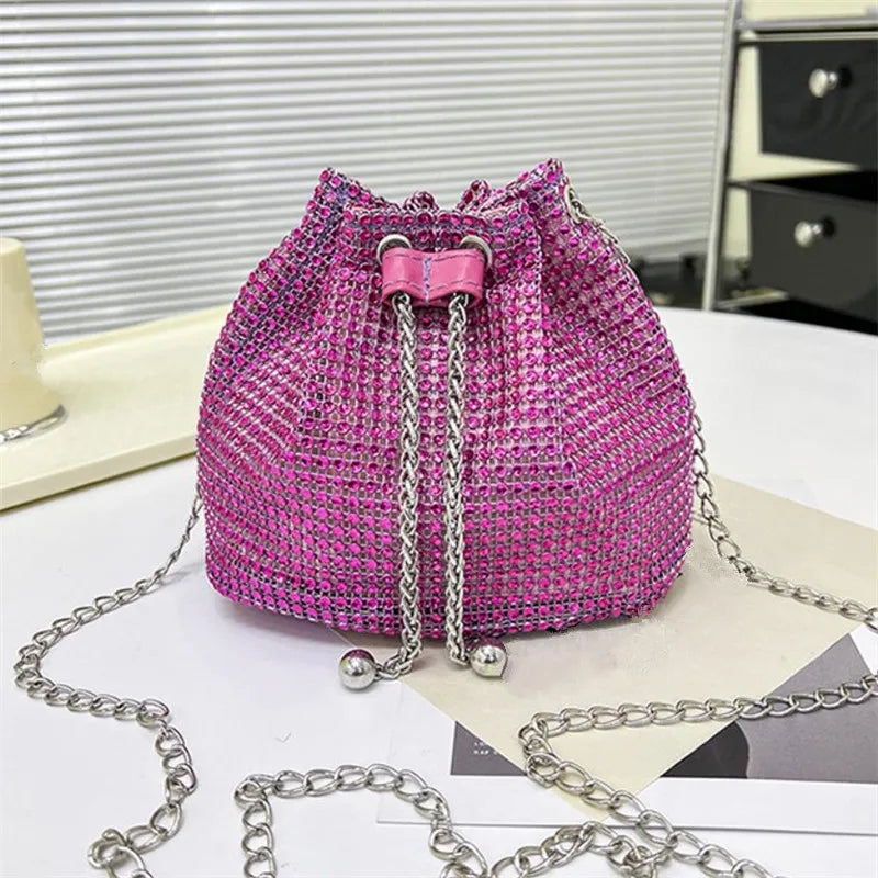 Charming Rhinestone Dinner Bag Sparkling Drawstring Chain Bucket Shoulder Crossbody Bags for Women Daily Christmas Party Banquet