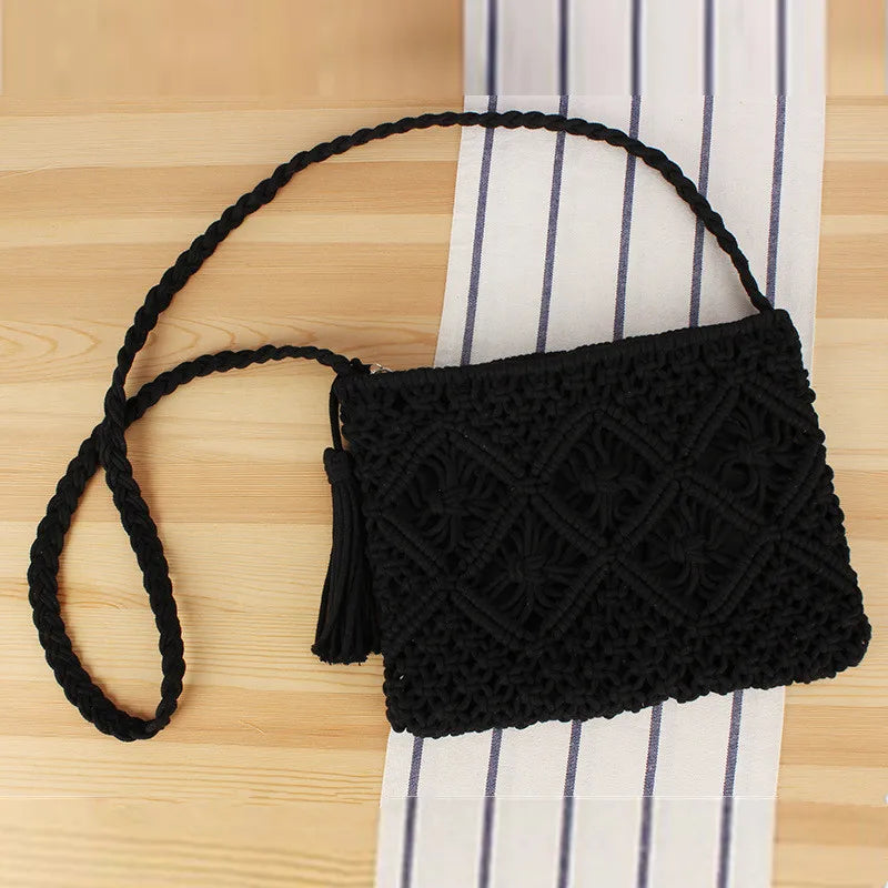 Handmade Bohemian Woven Rope Crossbody Bag with Tassel Detail, Summer Beach Clutch Shoulder Bags for Women, Geometric Design