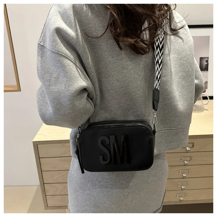 Stylish Versatile Women Single Shoulder Bag, SM Letter Pu Leather Small Square Bag, Leisure Wide Shoulder Strap Cross Body Bags