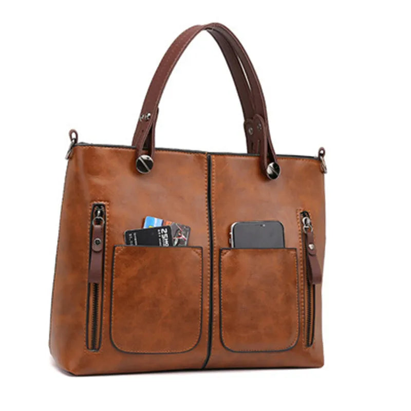 Europe America Retro Leather Handbag Shoulder Bag, Two Pocket Zipper Tote Bag, Classic Crossbody Bags for Women Work Business