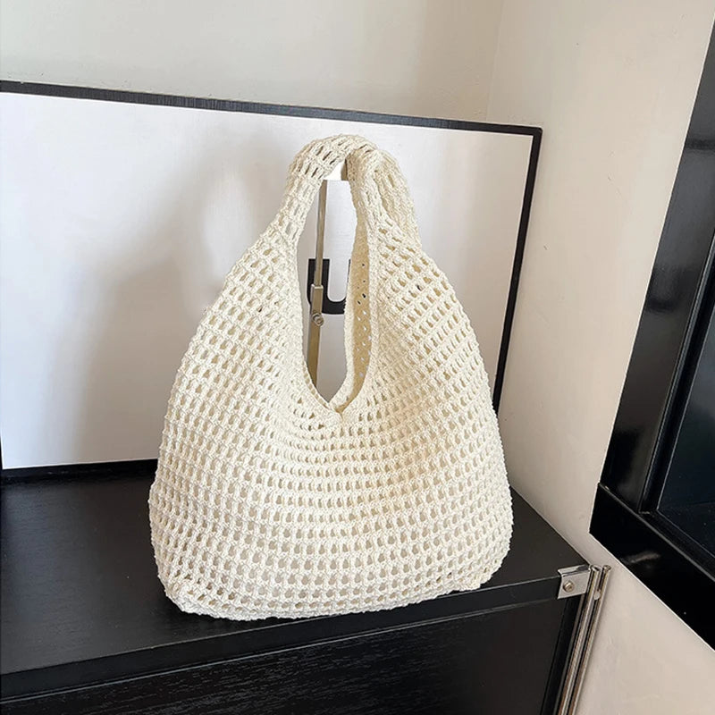 New Sweet Crochet Shoulder Bag Leisure Beach Hollow Out Handbag Women Solid Color Woven Totes Bag For Travel