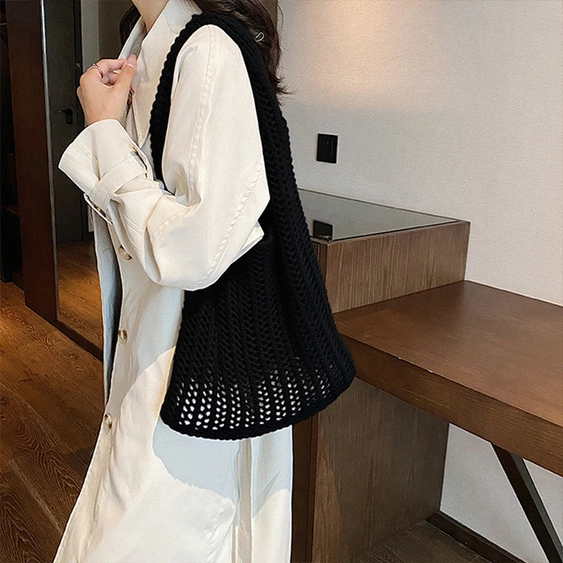 Summer Knitted Hollow Underarm Bag Women's Large Capacity Shopper Tote Bag Simple Design Casual Travel Handbags