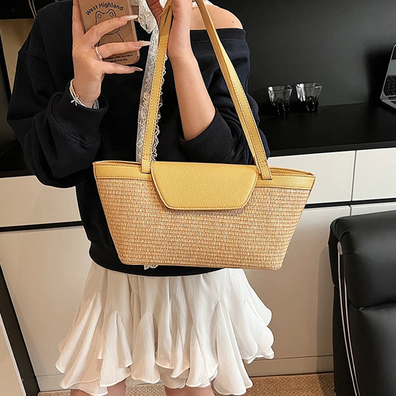 Fashion Women Shoulder Bag PU Woven Patchwork Stick Bag Large Capacity Tote Bag New Casual Woven Contrasting Color Handbag