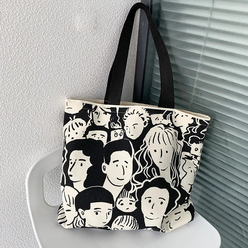 Teen Youth Pattern Canvas Bag, Large Capacity Female Single Handbag Shoulder Bag, Student Literary Artistic Simple Shopping Bag