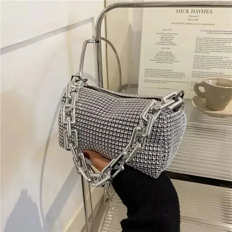 Full Version Rhinestone Bucket Tote Bag, Stylish Sparkling Chain Ball Pillow Shoulder Bag, Women's Mini Hand-Held Crossbody Bag