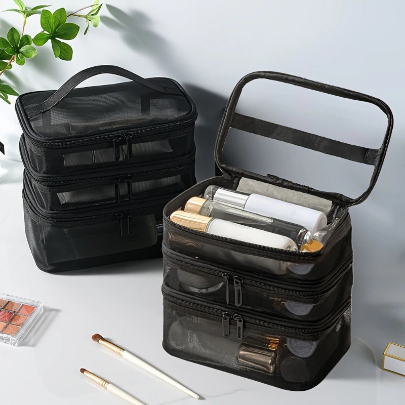 3-Layer Mesh Cosmetic Bags Large Capacity Foldable Travel Organizer Bag for Toiletries Cosmetics Makeup Case Bag