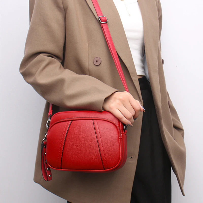 Solid Color Fashionable Rivet Zipper Women's Mobile Phone Bag Simple Soft PU Leather Shoulder Crossbody Small Square Handbag
