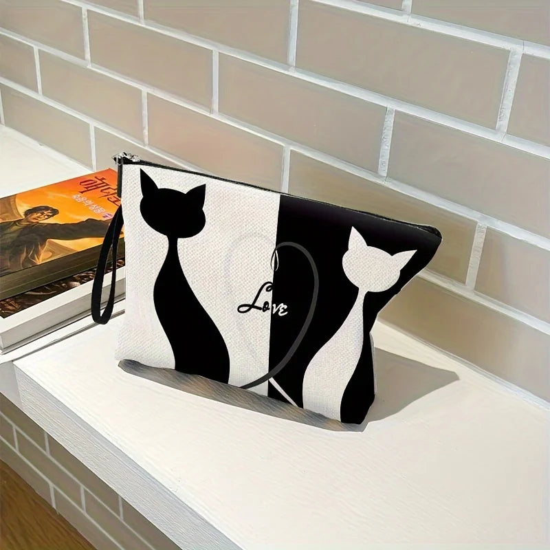Cat Heart Design Cosmetic Bag, Polyester Storage Wash Makeup Pouch Zippered Travel and Daily Use Organizer Ideal Gift for Women