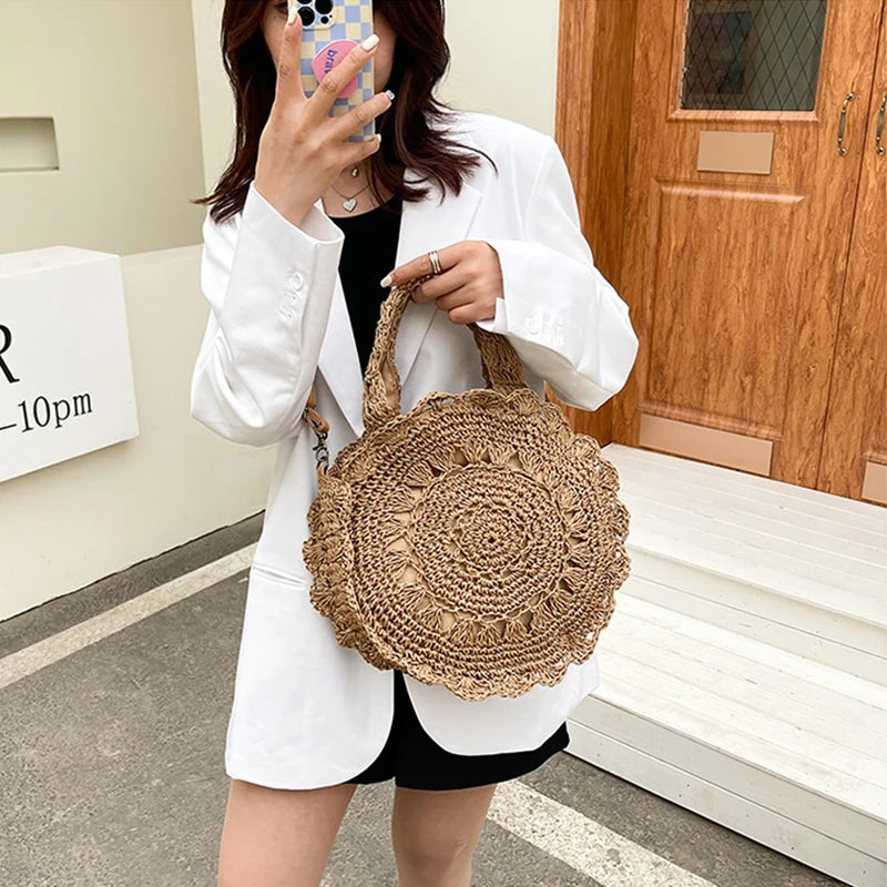 Bohemian Straw Bags for Women Circle Beach Handbags Summer Rattan Shoulder Bags Handmade Knitted Travel Big Totes Bag New