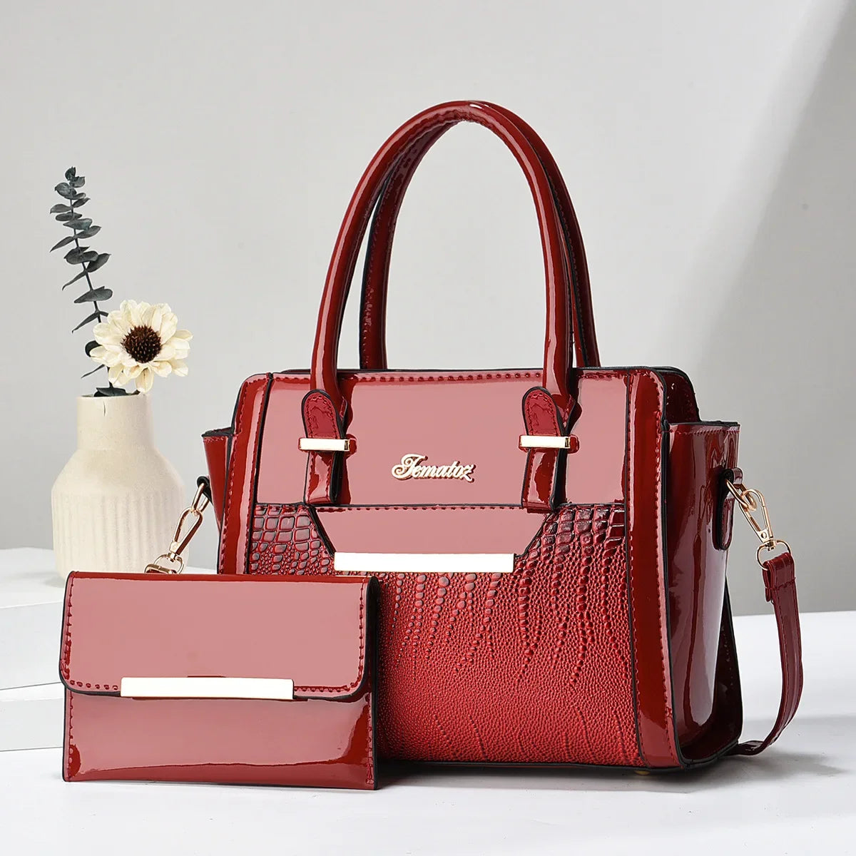Casual shoulder women's bag simple large-capacity mother and child bag bright leather fashion portable two-piece bag
