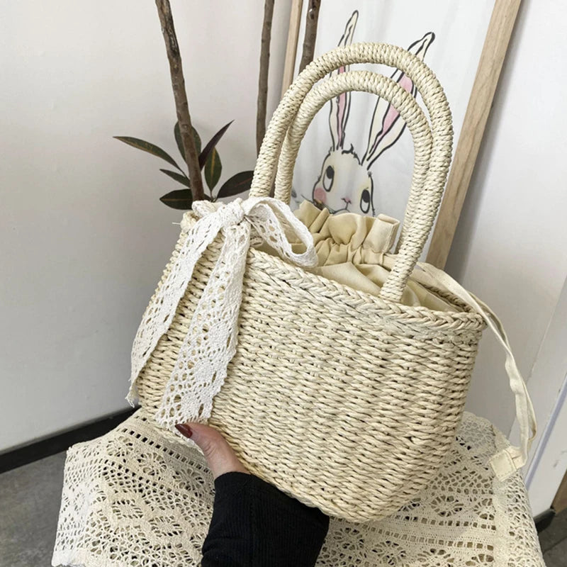 Women Straw Woven Drawstring Handbag Girls Solid Color Holiday Purse Crossbody Beach Bags Summer Rattan Tote