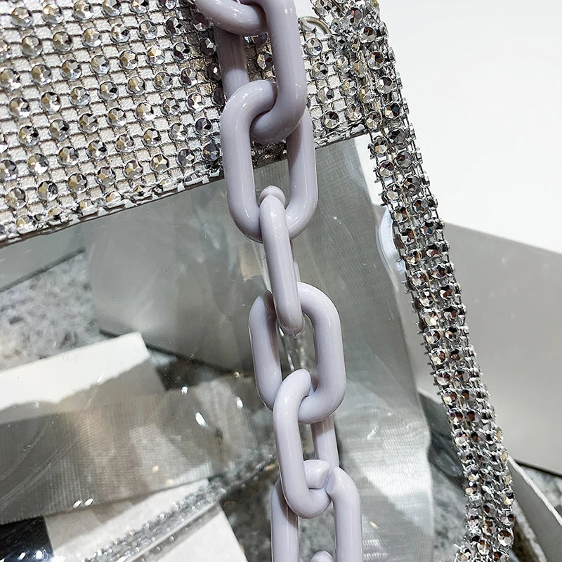 PVC Transparent Shoulder Crossbody Bag Rhinestone Thick Chain Ladies Small Purse and Handbags Fashion Jelly Summer Beach Totes