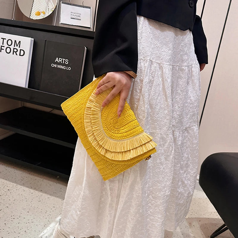 Raffia Straw Weaven Bags Fashion Ladies Wrist Clutches Summer Women Shoulder Crossbody Bags Handmade Handbags Purse Beach Bag