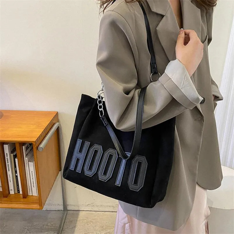 Stylish Tote Bag, Nubuck Pu Letter HOOTO Design for Women Handbag Shoulder Bag, Large Capacity Nylon leisure Travel Shopping Bag