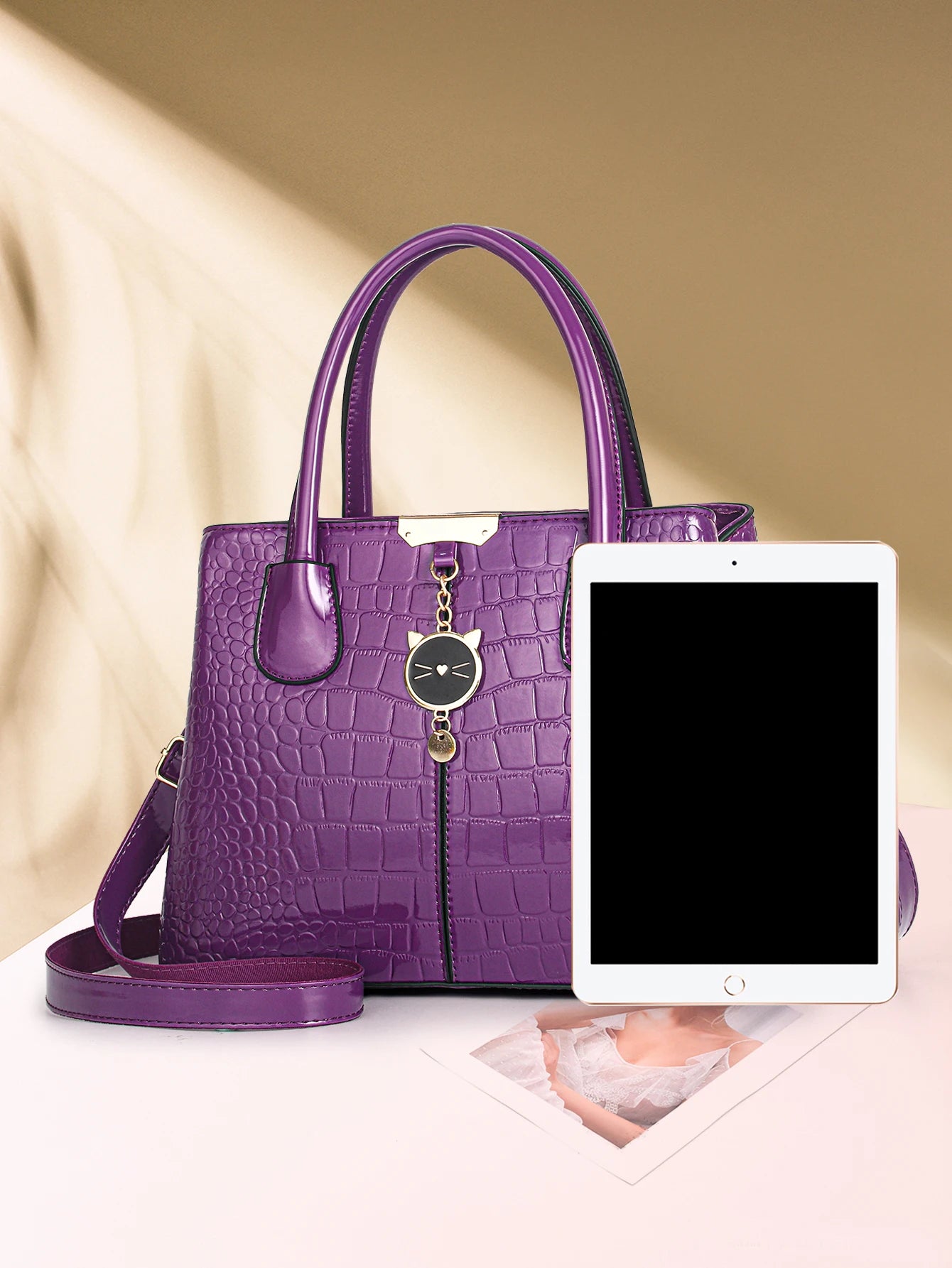 Women's Fashion Crocodile Pattern Shoulder Bag, Bright Leather Large Capacity Commuter Handbag