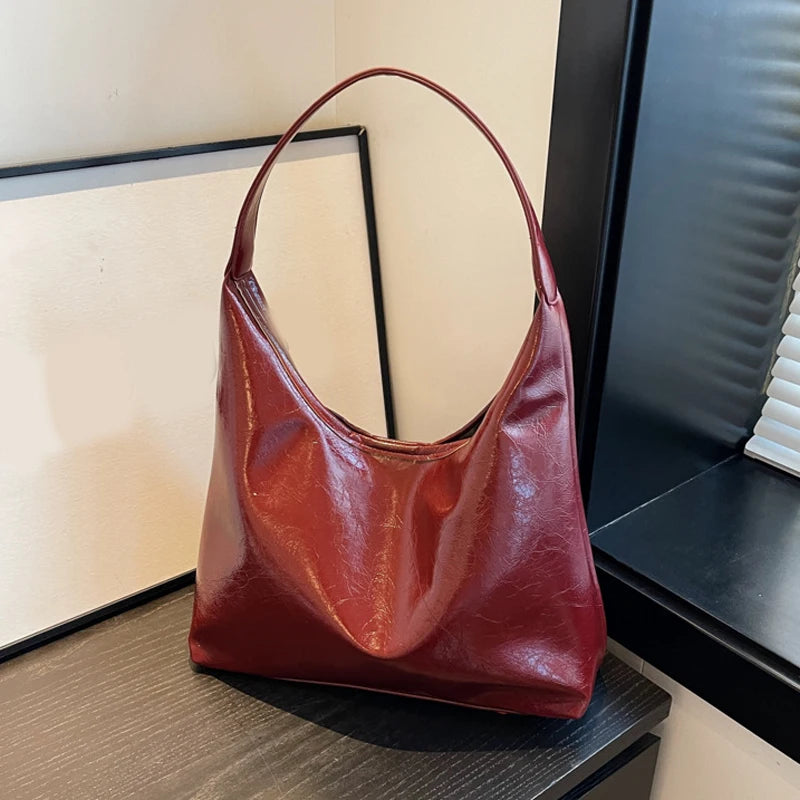 Soft PU Leather Quality Underarm Bag Vintage Wine Red Ladies Shoulder Bag Commuter Large Handbag Women's Versatile Tote Bag