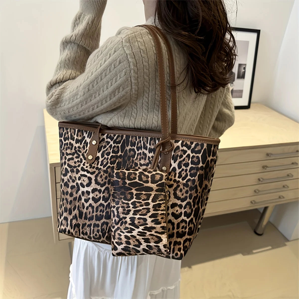 Leopard Soft Shoulder Bag, Retro Animal Print Large Capacity Handbag with Purse, Fashion Casual Style Designer Shopping Tote Bag