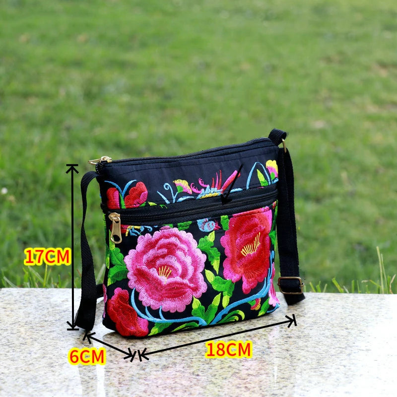 New Ethnic Style Embroidery Bag Three Zipper Women Shoulder Crossbody Bag Small Handbags for Women Casual Canvas Travel Bags