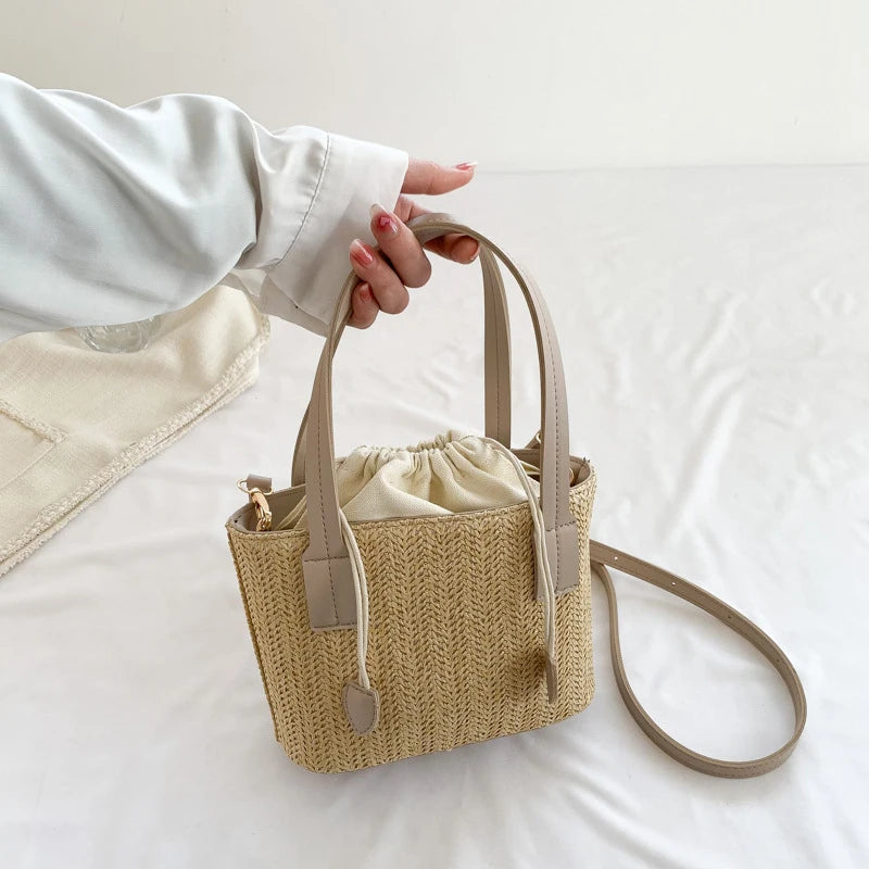 Knit Travel Bags Straw Woven Beach Bag Wrist Pack Women Handle Female Bucket Tote Bags Rattan Ladies Purses Handbag