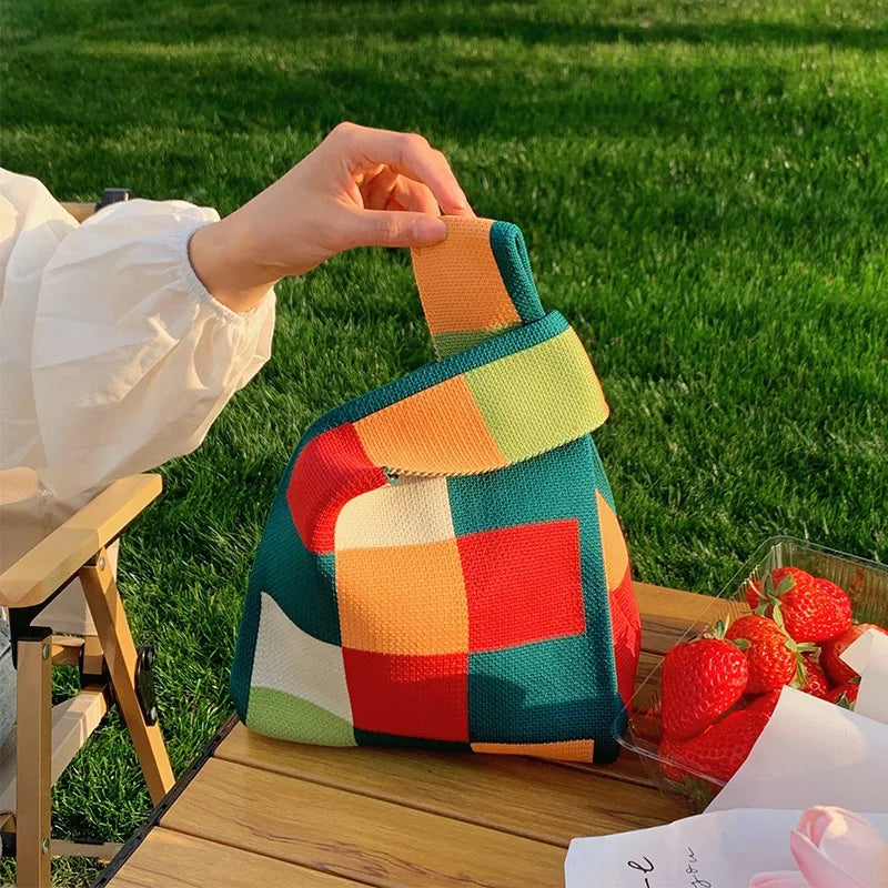 Luxury Design Stripe Knitted Small Handbag and Purse Fashion Korean Trendy Travel Shoulder Bag Wrist Bag Summer Shopper Tote