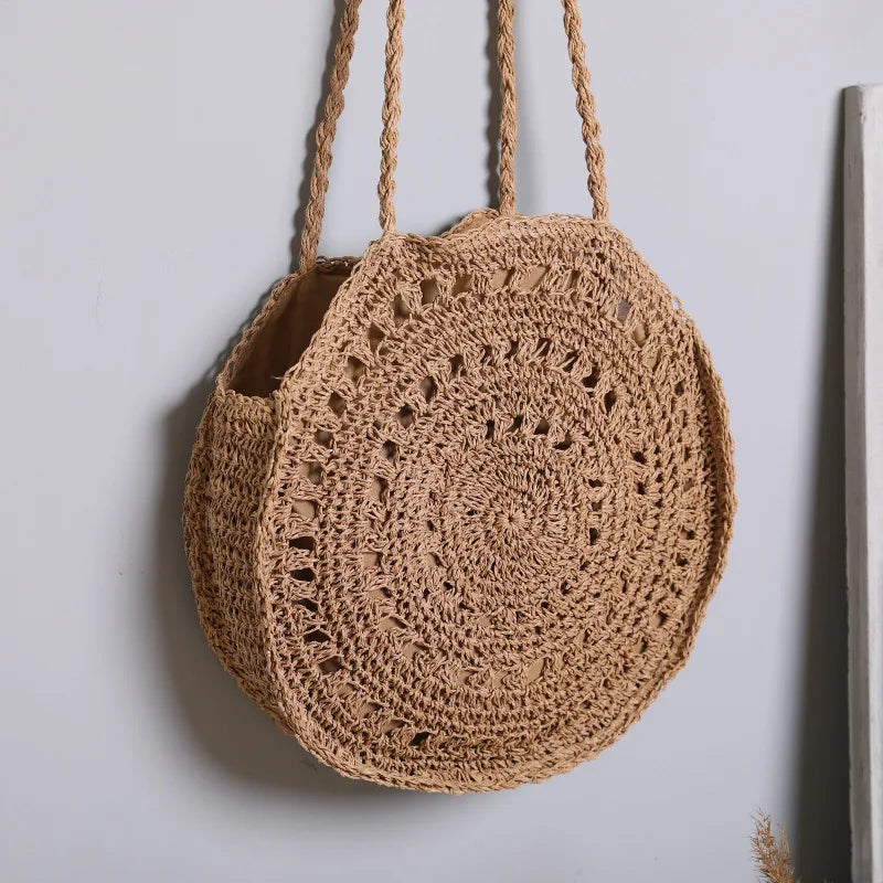 Summer Round Straw Bag Women Woven Rattan Beach Bag Hot New Shoulder Bag Circle Hollow Out Handle Bag Casual Shopper Tote Pouch