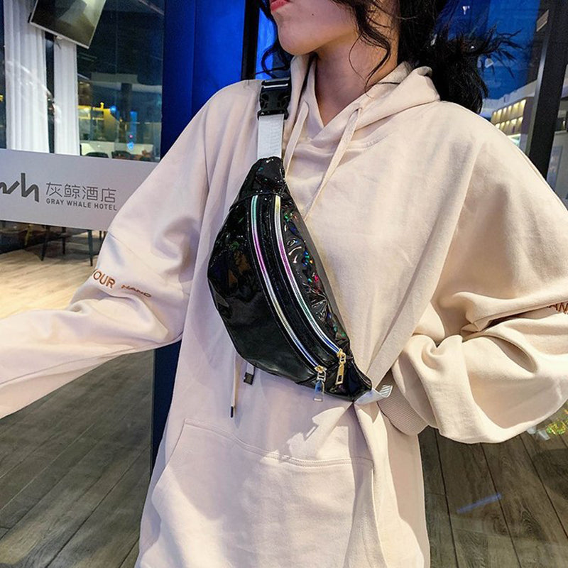 Holographic Fanny Pack Hologram Waist Bag Laser PU Leather Travel Banana Hip Bum Zip Waist Bags Women Shoulder Bag for Girls